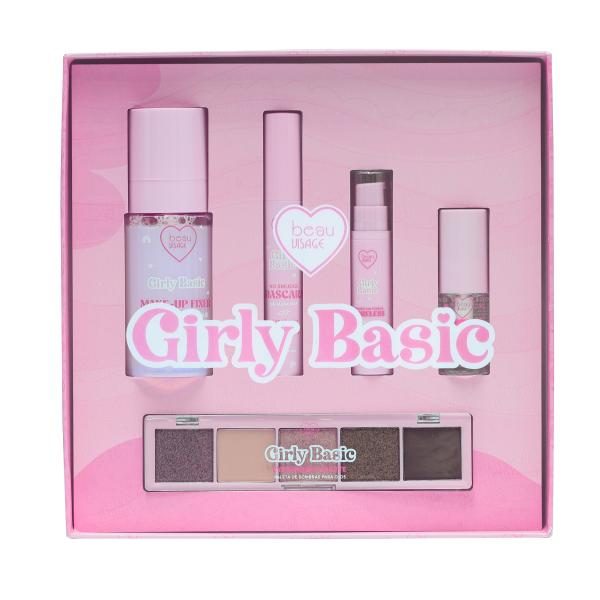 SET DE MAQUILLAJE GIRLY BASIC BEAU VISAGE (SELLADOR EN SPRAY, PRIMER, MASCARA DE PESTAÑAS, BRILLO LABIAL)
